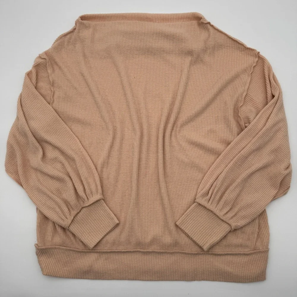 We The Free Free People Peach Ribbed Boat Neck Balloon Sleeve Top Small